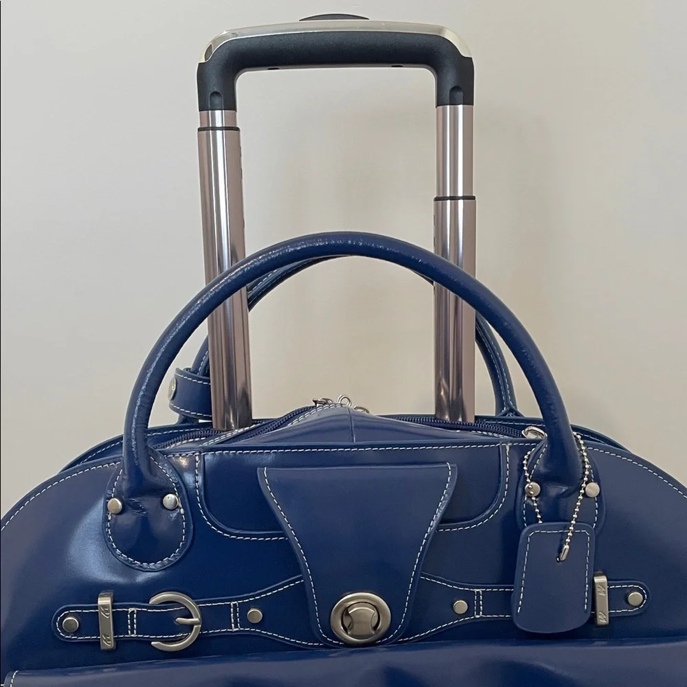 McKlein Edgebrook Navy Leather Rolling Briefcase Laptop Bag Lock Key - Picture 11 of 16